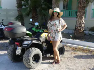 Emily with ATV on Santorini
