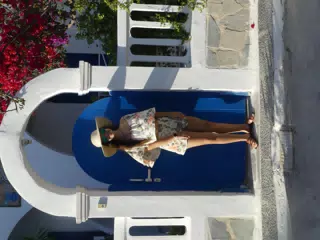 Emily in Front of Blue Door in Kamari