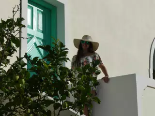 Emily at Our Apartment on Santorini