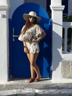 Emily in Front of Blue Greek Door