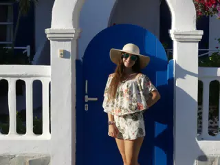 Teen Girl in Front of Blue Door, Kamari, Santorini