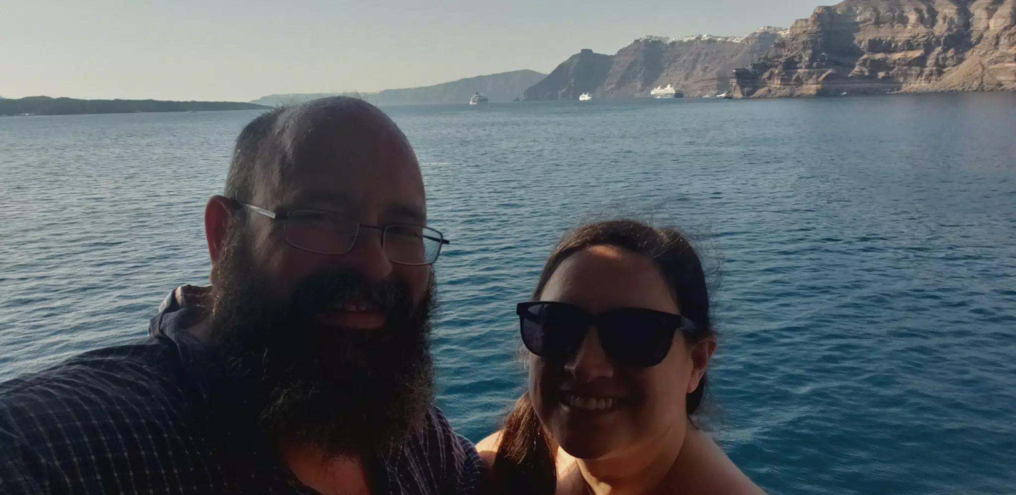 Scott and Dominica on Ferry at Santorini