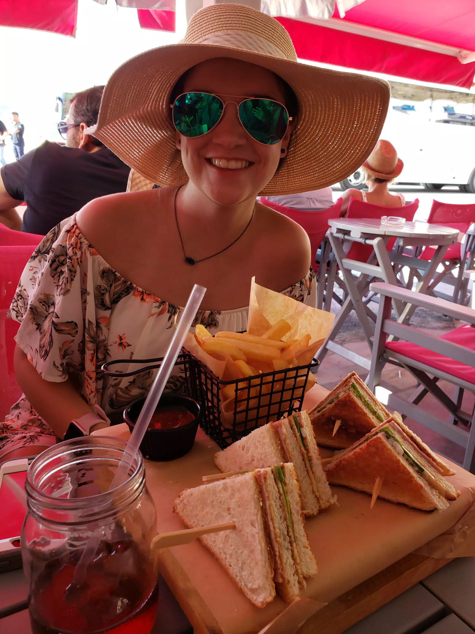 Emily with Sandwiches on Santorini
