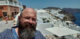 Scott in Fira, Santorini