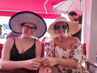 Madeline & Emily in Hats on Santorini