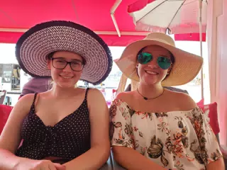Madeline & Emily Waiting for the Ferry on Santorini