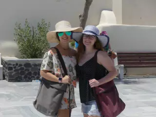 Emily & Madeline in Square in Oia, Santorini