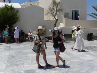 Emily & Madeline in Square in Oia, Santorini