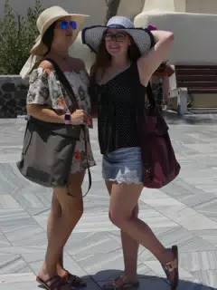Emily & Madeline in Square in Oia, Santorini