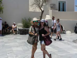 Emily & Madeline in Square in Oia, Santorini