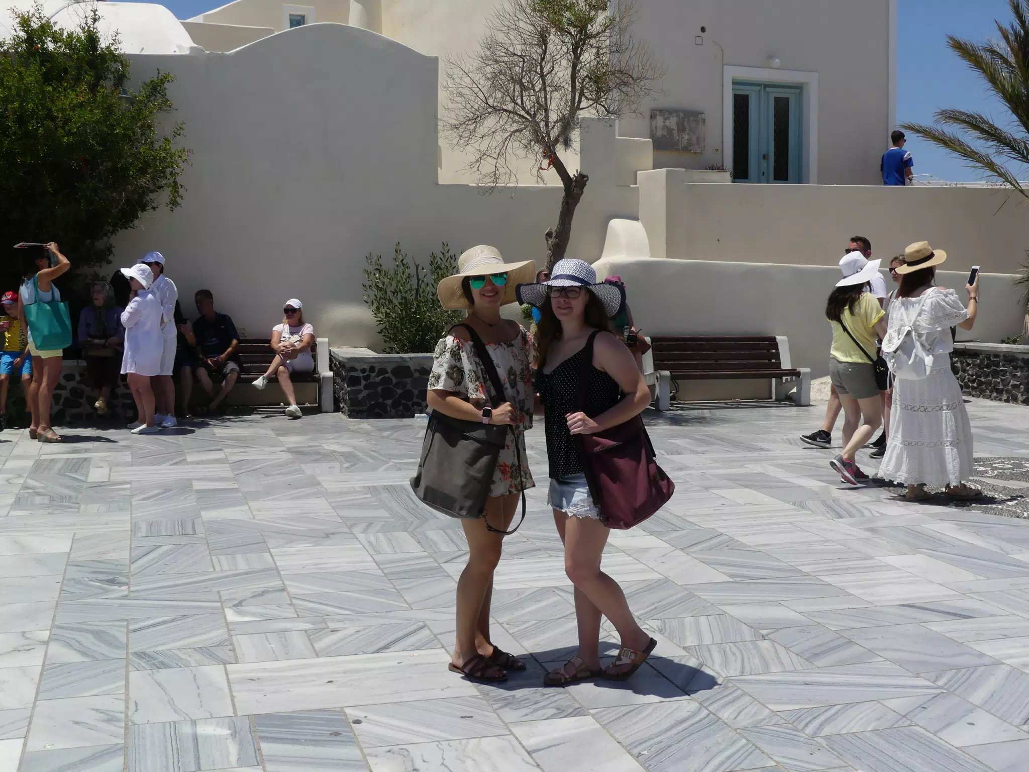 Emily & Madeline in Square in Oia, Santorini