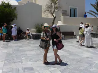 Emily & Madeline in Square in Oia, Santorini