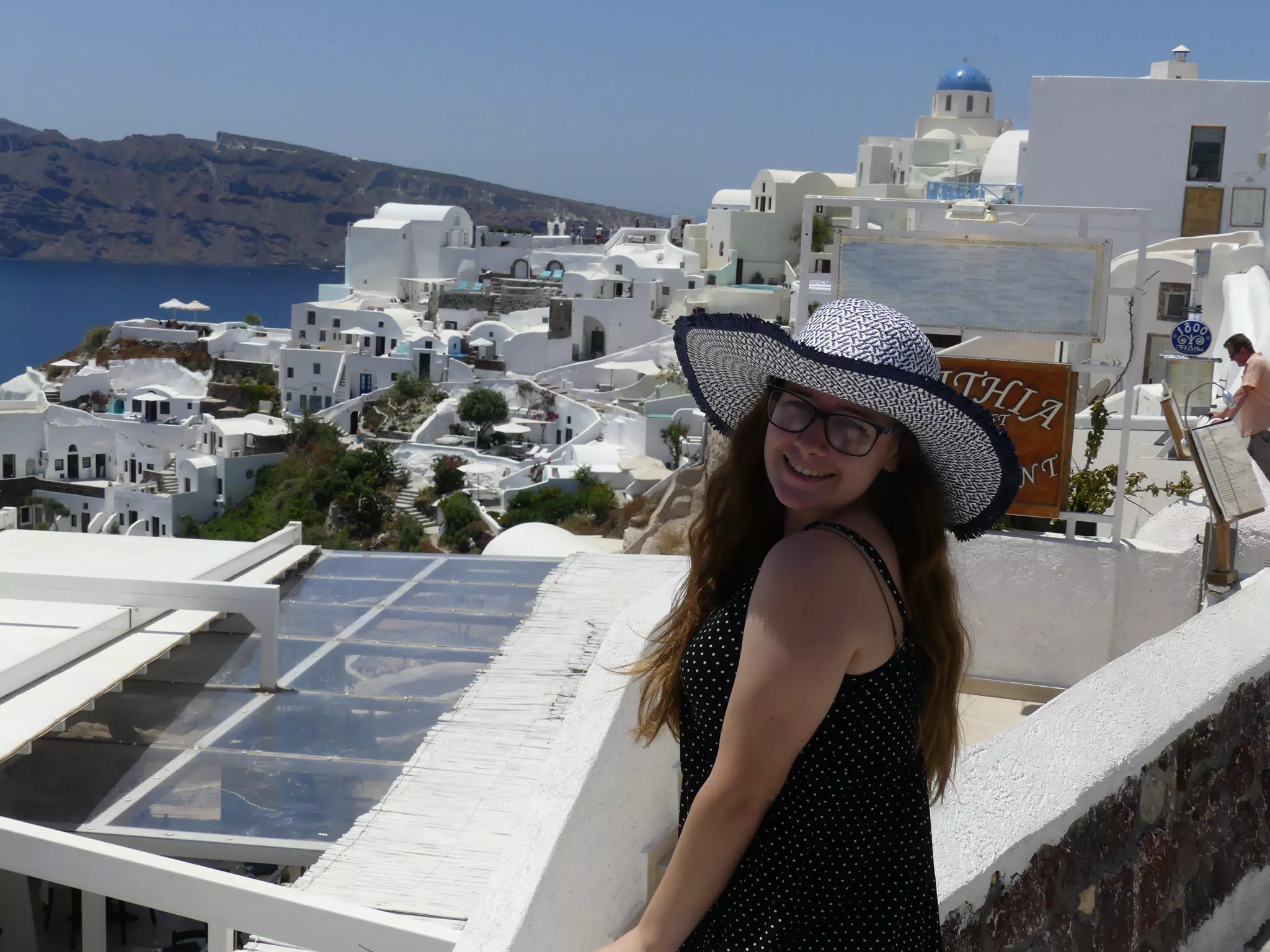 Madeline in Hat in Oia, Santorini