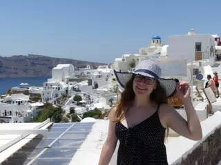 Madeline in Hat in Oia, Santorini