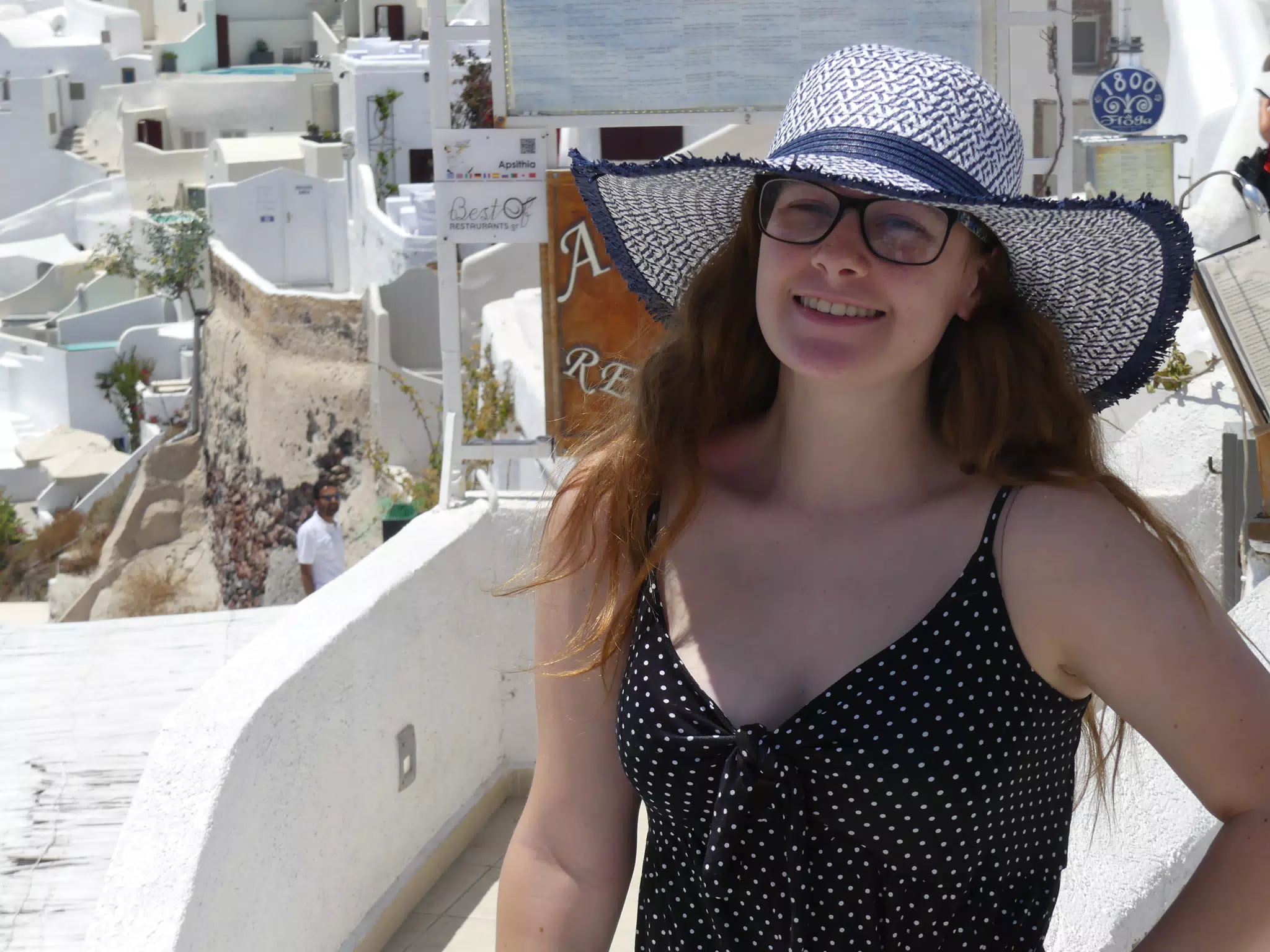 Madeline in Hat in Oia, Santorini