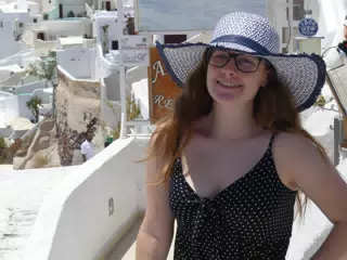 Madeline in Hat in Oia, Santorini