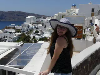 Madeline in Hat in Oia, Santorini