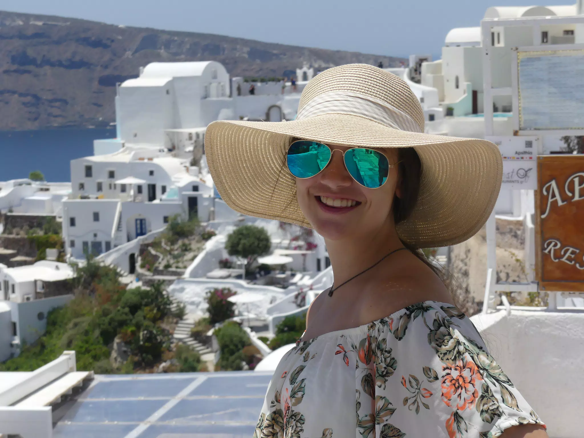 Emily in Hat in Oia, Santorini