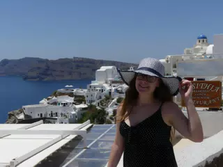 Madeline in Hat in Oia, Santorini