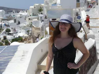 Madeline in Hat in Oia, Santorini