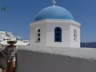 Emily at the Blue Dome in Oia, Santorini