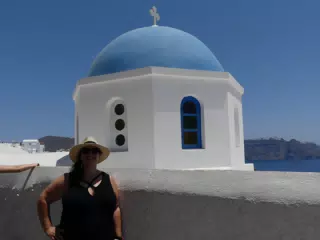 Dominica at the Blue Dome in Oia, Santorini