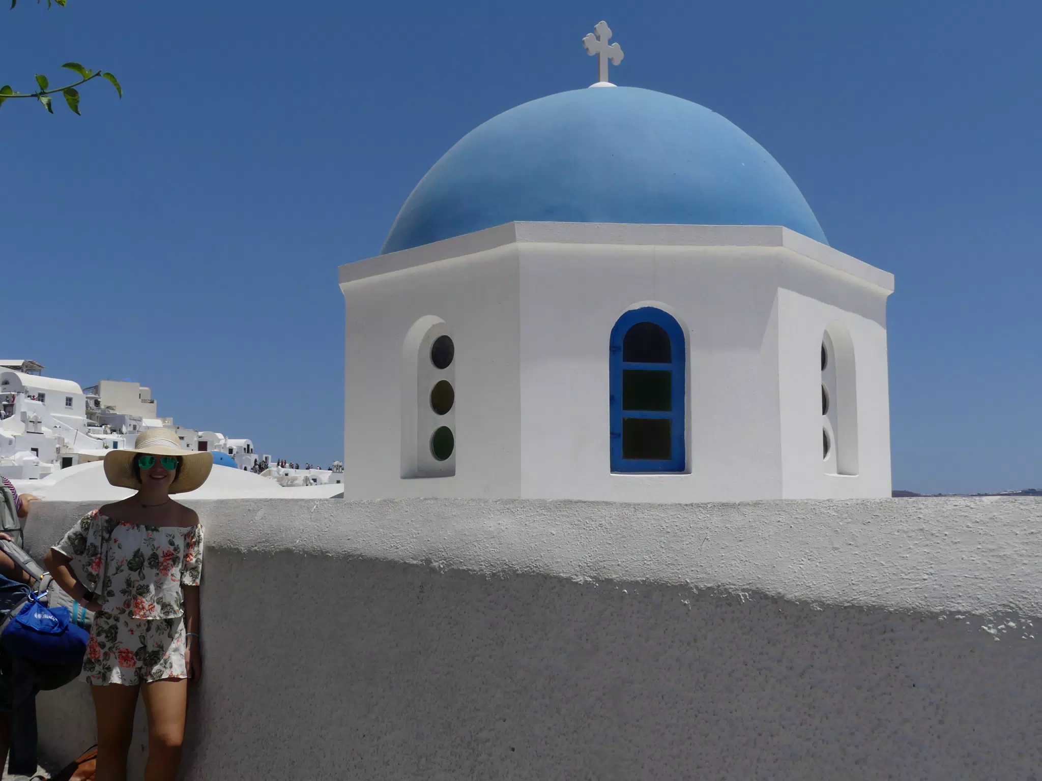 Emily at the Blue Dome in Oia, Santorini