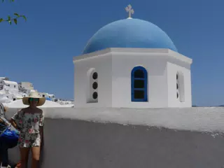 Emily at the Blue Dome in Oia, Santorini