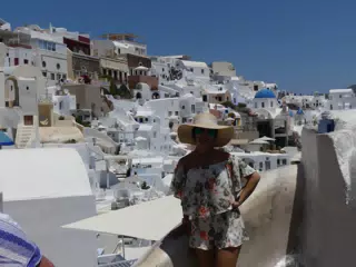 Emily in Hat in Oia, Santorini