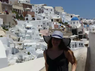 Madeline in Hat in Oia, Santorini