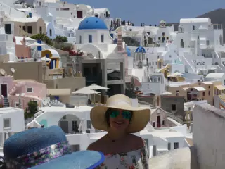 Emily in Hat in Oia, Santorini