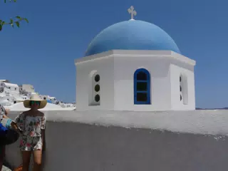 Emily at the Blue Dome in Oia, Santorini