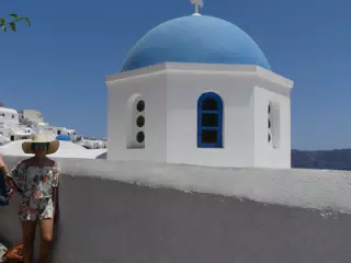 Emily at the Blue Dome in Oia, Santorini