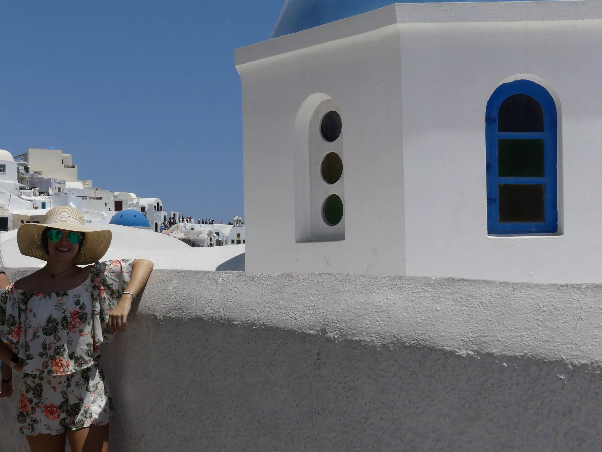 Emily at the Blue Dome in Oia, Santorini