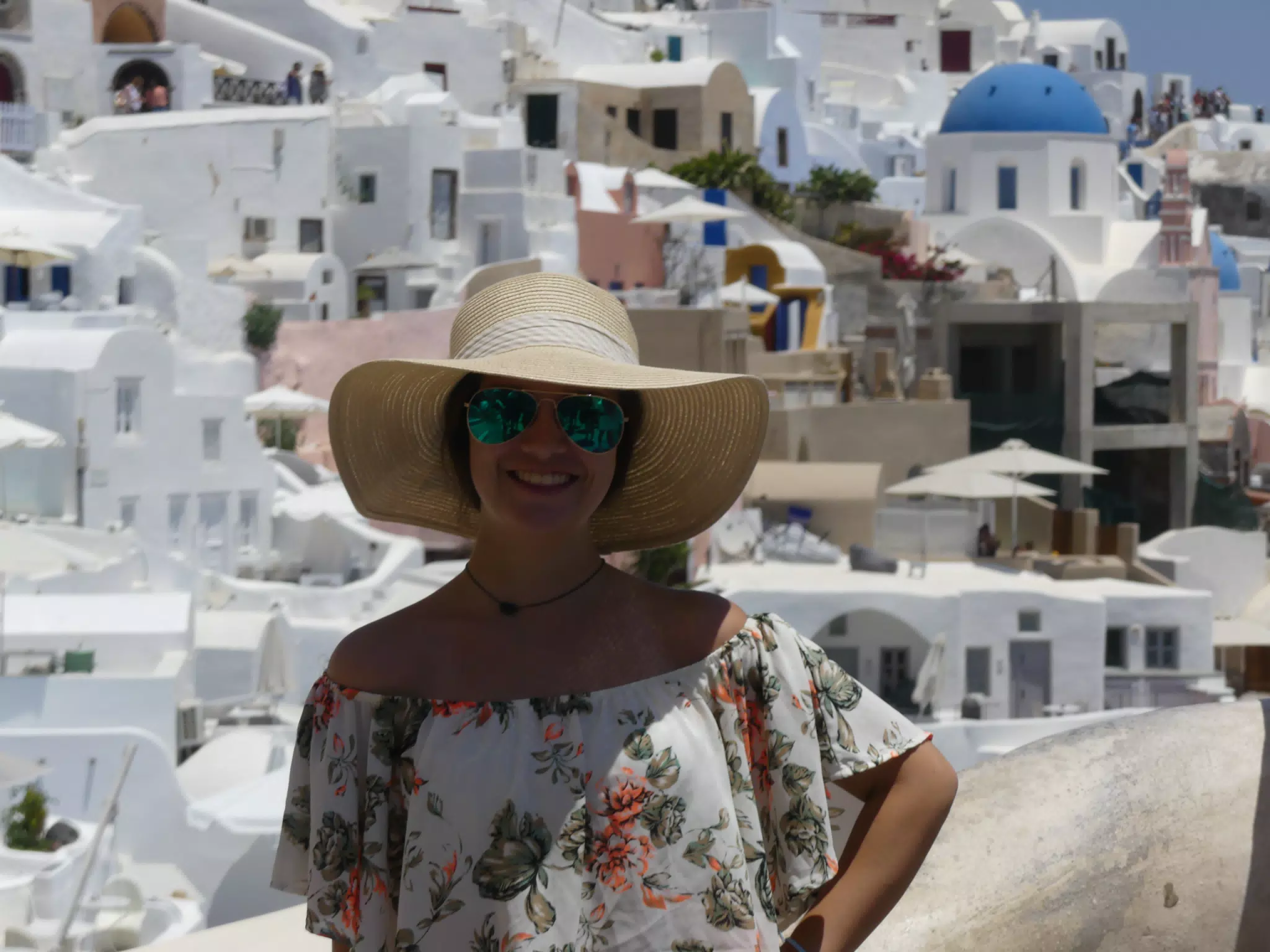 Emily in Hat in Oia, Santorini