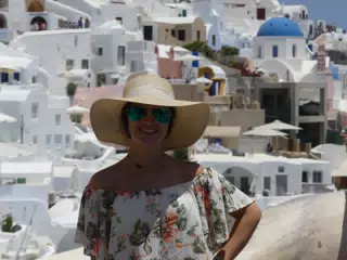 Emily in Hat in Oia, Santorini