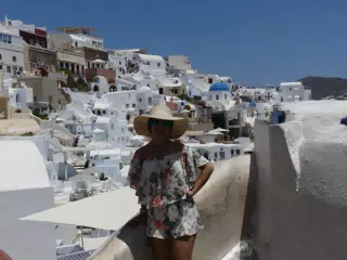 Emily in Hat in Oia, Santorini