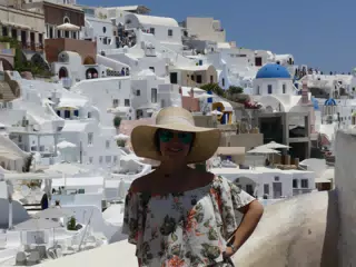 Emily in Hat in Oia, Santorini
