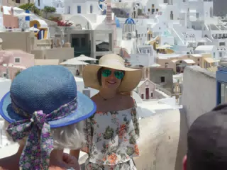 Emily in Hat in Oia, Santorini