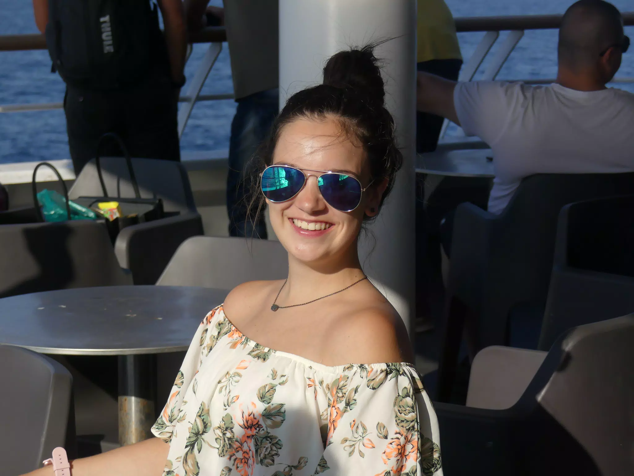 Emily on the Ferry from Santorini