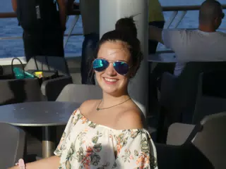 Emily on the Ferry from Santorini
