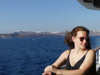 Madeline on the Ferry from Santorini