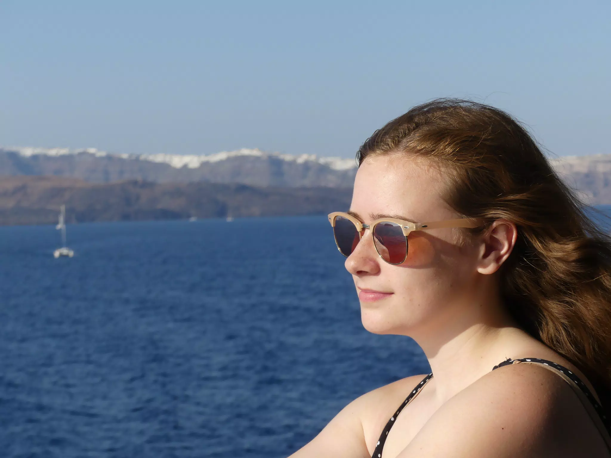 Madeline on the Ferry from Santorini