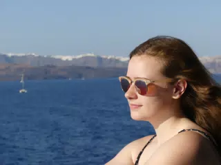 Madeline on the Ferry from Santorini
