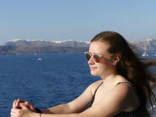 Madeline on the Ferry from Santorini