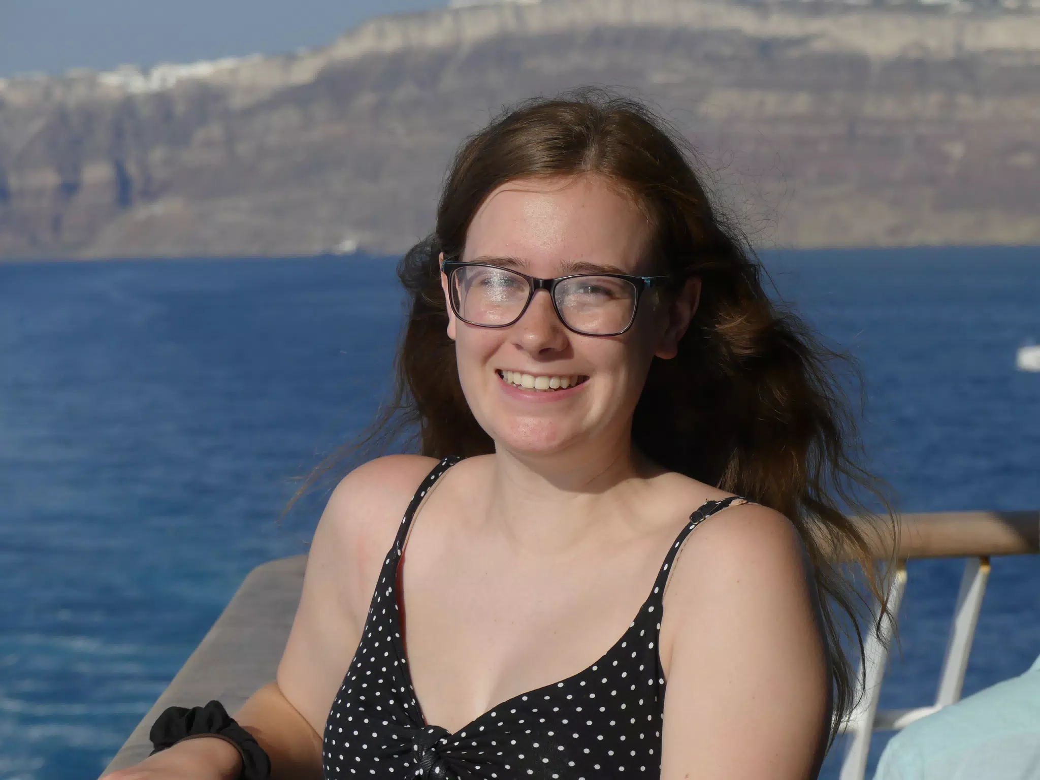 Madeline on the Ferry from Santorini
