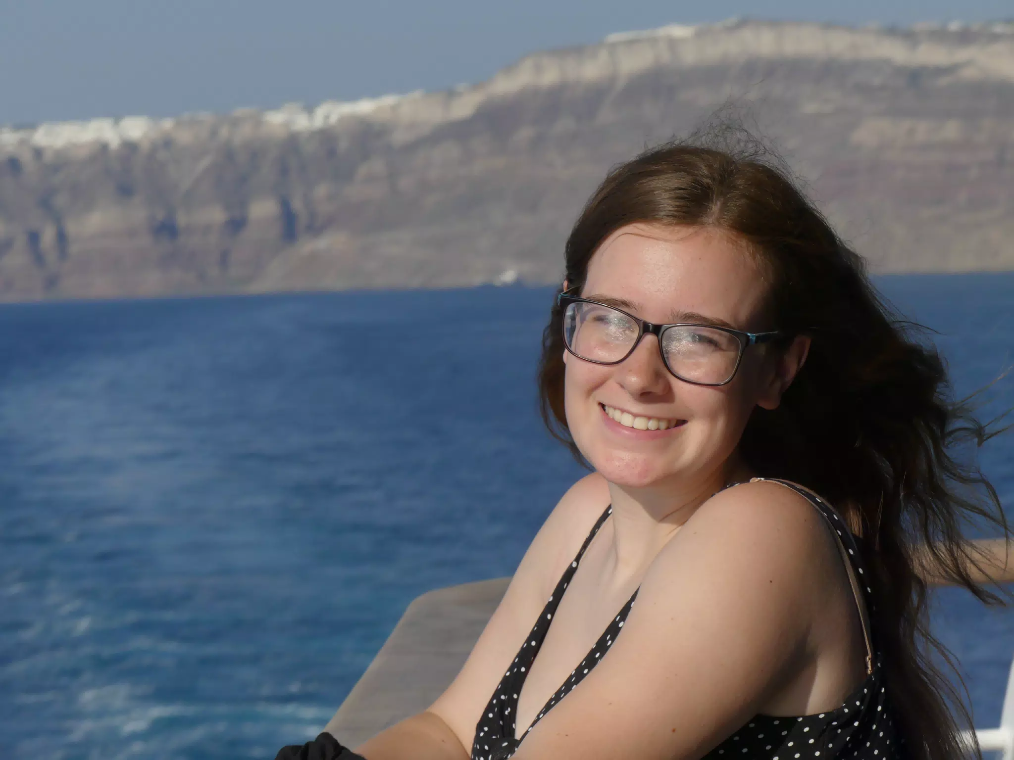 Madeline on the Ferry from Santorini