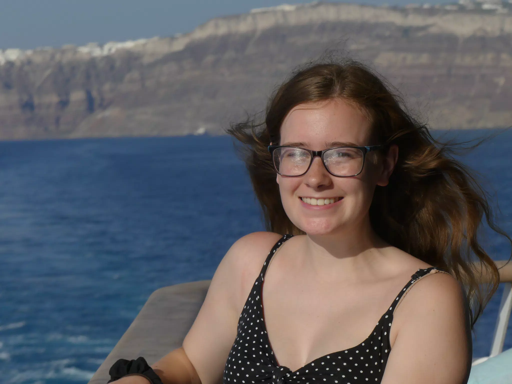 Madeline on the Ferry from Santorini