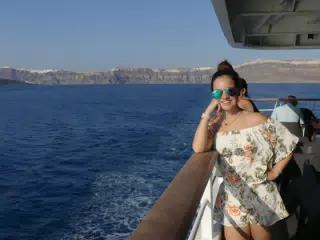Emily on the Ferry from Santorini