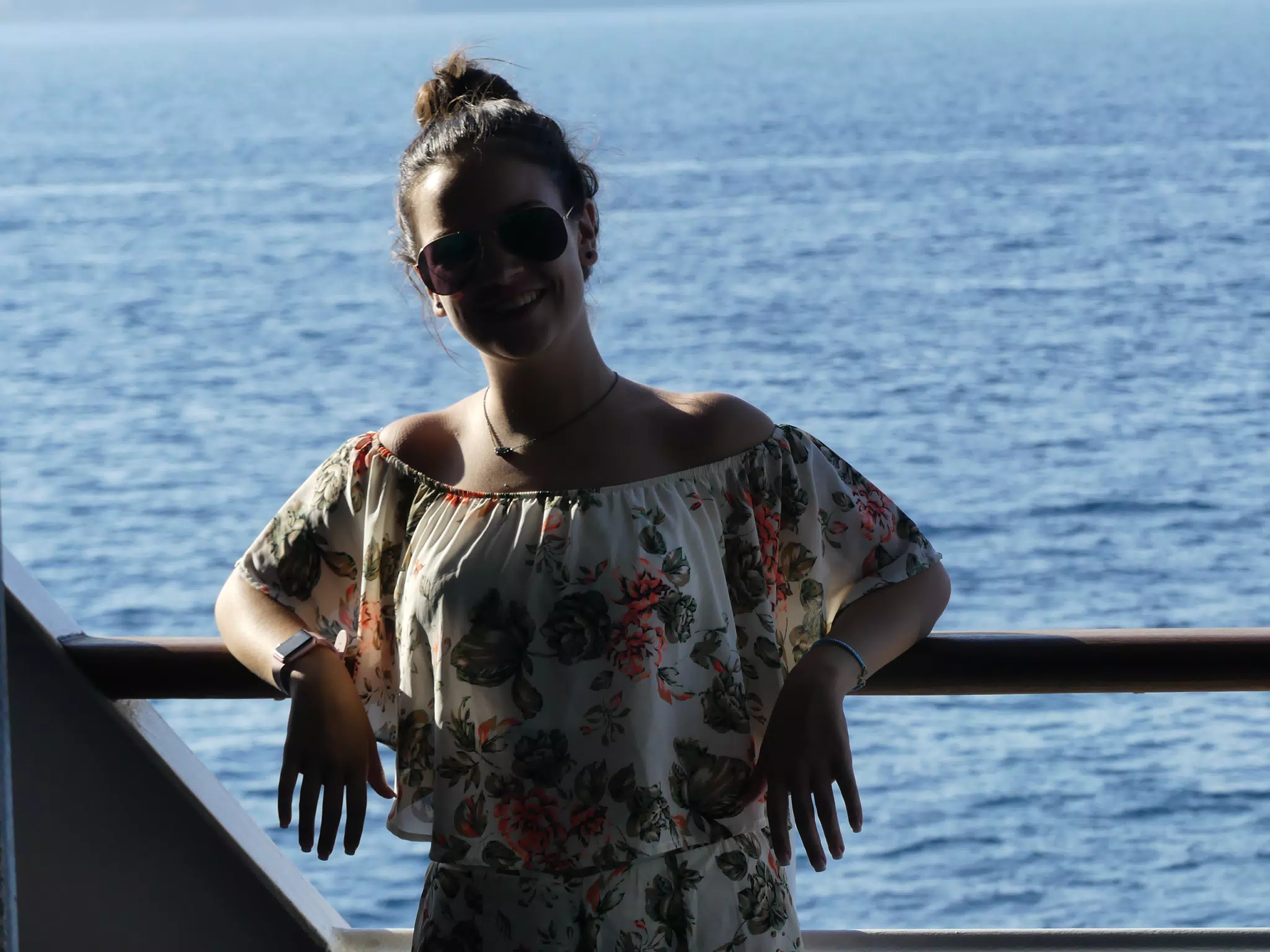 Emily on the Ferry from Santorini